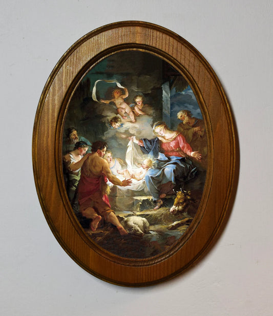 Nativity Jean Baptiste Marie Pierre Light Oak Oval Wooden Framed Classic Art Print 3"x4", 3.5"x5", 4"x6"