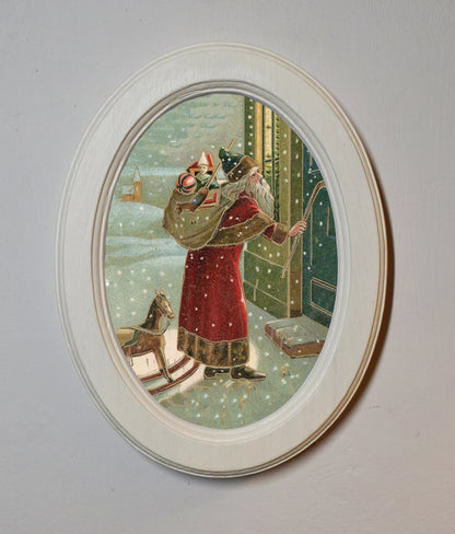Belsnickel Father Christmas Folk Art Santa Festive Ivory Oval Wooden Framed Christmas Art Print 3"x4", 3.5"x5", 4"x6"