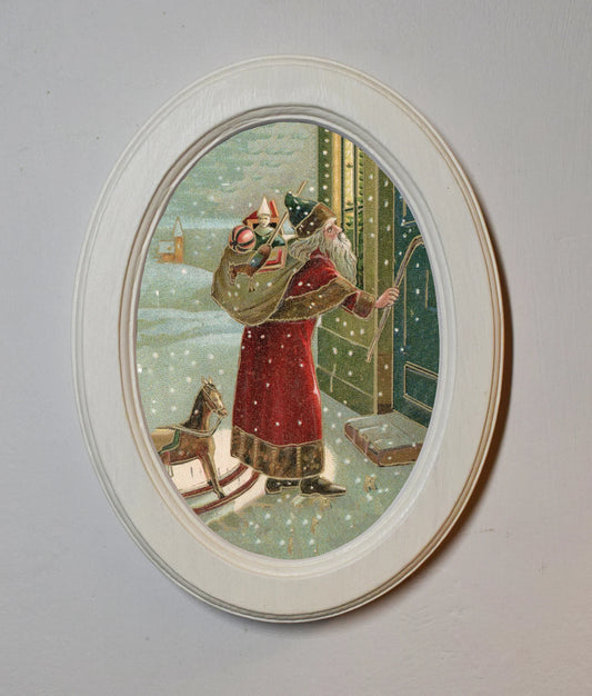 Belsnickel Father Christmas Folk Art Santa Festive Ivory Oval Wooden Framed Christmas Art Print 3"x4", 3.5"x5", 4"x6"