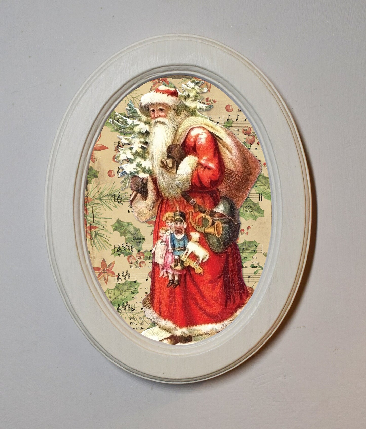 Santa With Presents Folk Art Festive Ivory Oval Wooden Framed Christmas Art Print 3"x4", 3.5"x5", 4"x6"