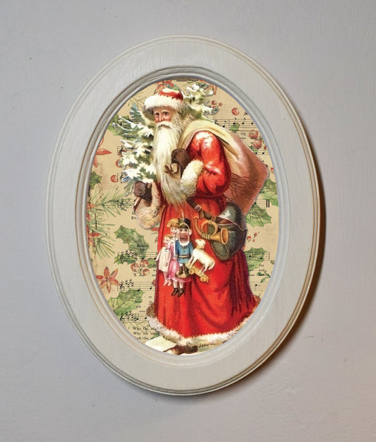Santa With Presents Folk Art Festive Ivory Oval Wooden Framed Christmas Art Print 3"x4", 3.5"x5", 4"x6"