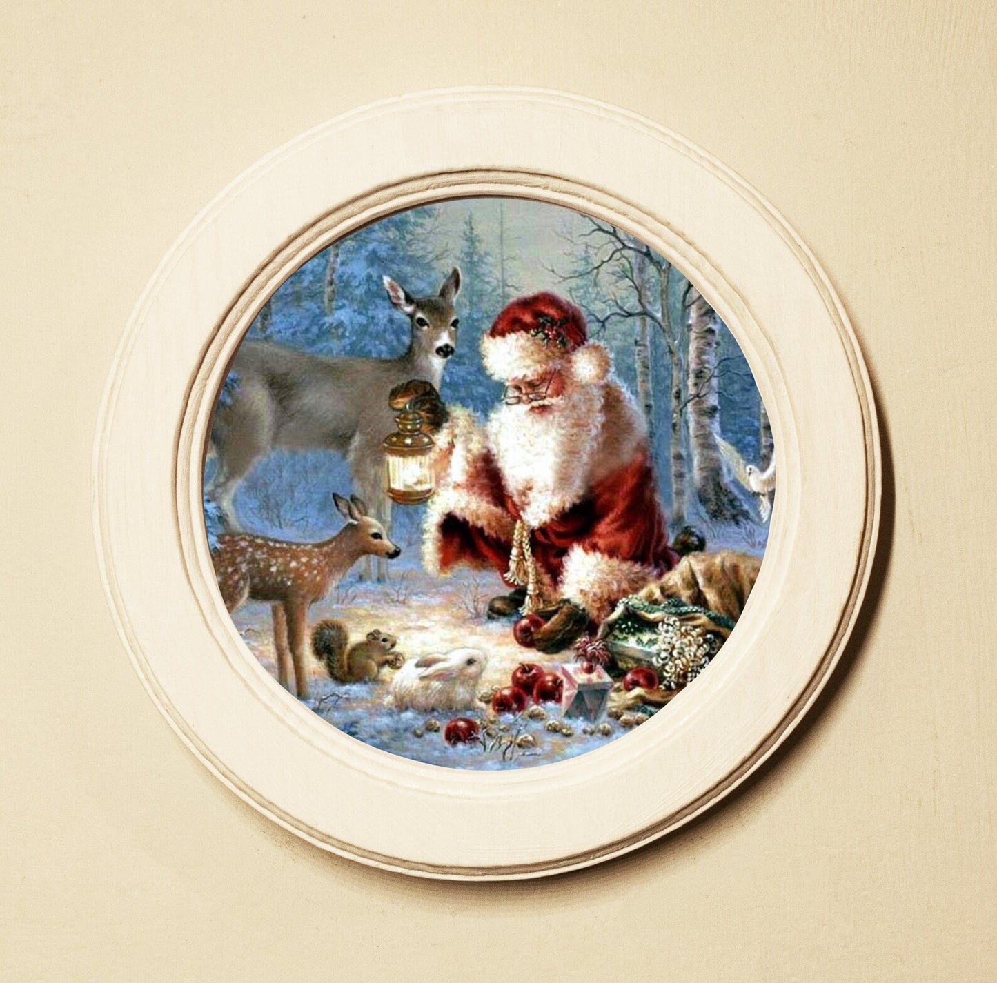Christmas In The Woods Ivory Round Wooden Framed Christmas Art Print 2.5"x2.5"