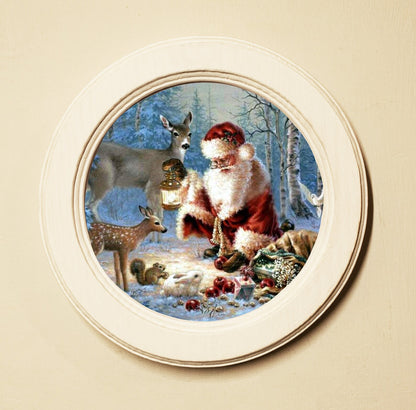 Christmas In The Woods Ivory Round Wooden Framed Christmas Art Print 2.5"x2.5"