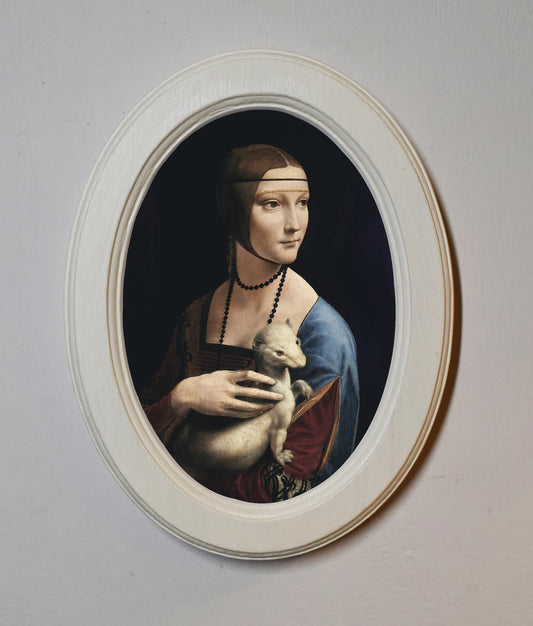 Lady With An Ermine Leonardo da Vinci Ivory Oval Wooden Framed Classic Art Print 3"x4", 3.5"x5", 4"x6", 5"x7", 6"x8"