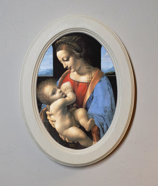 Madonna Litta Leonardo da Vinci Ivory Oval Wooden Framed Classic Art Print 3"x4", 3.5"x5", 4"x6", 5"x7", 6"x8"