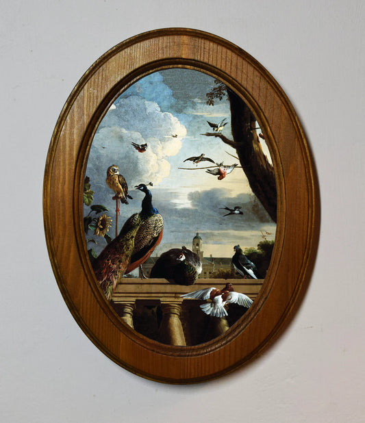Birds Melchior d'Hondecoeter Light Oak Oval Wooden Framed Classic Art Print 3"x4", 3.5"x5", 4"x6"