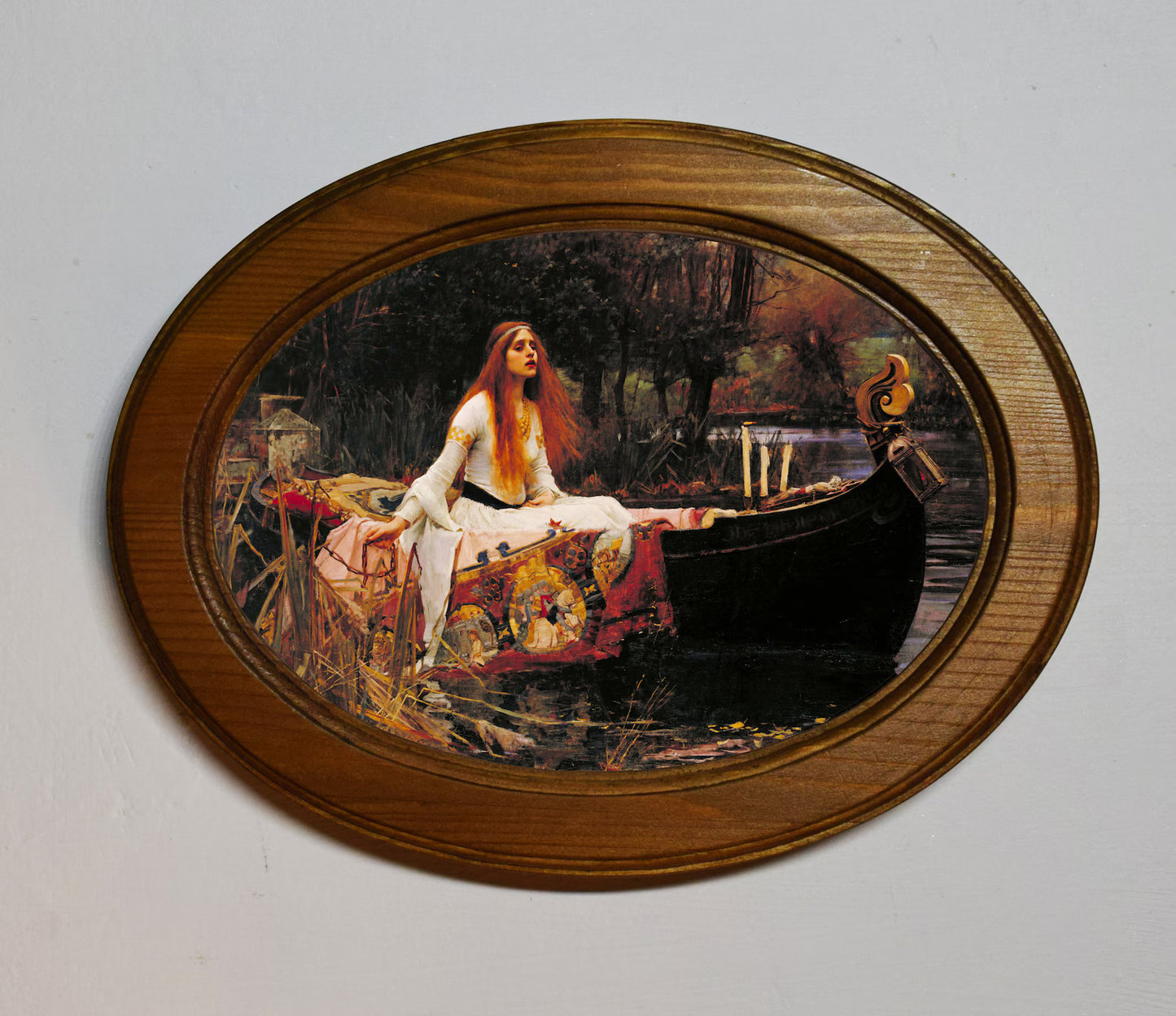 The Lady of Shalott John William Waterhouse Light Oak Oval Wooden Framed Classic Art Print 3"x4", 3.5"x5", 4"x6", 5"x7"