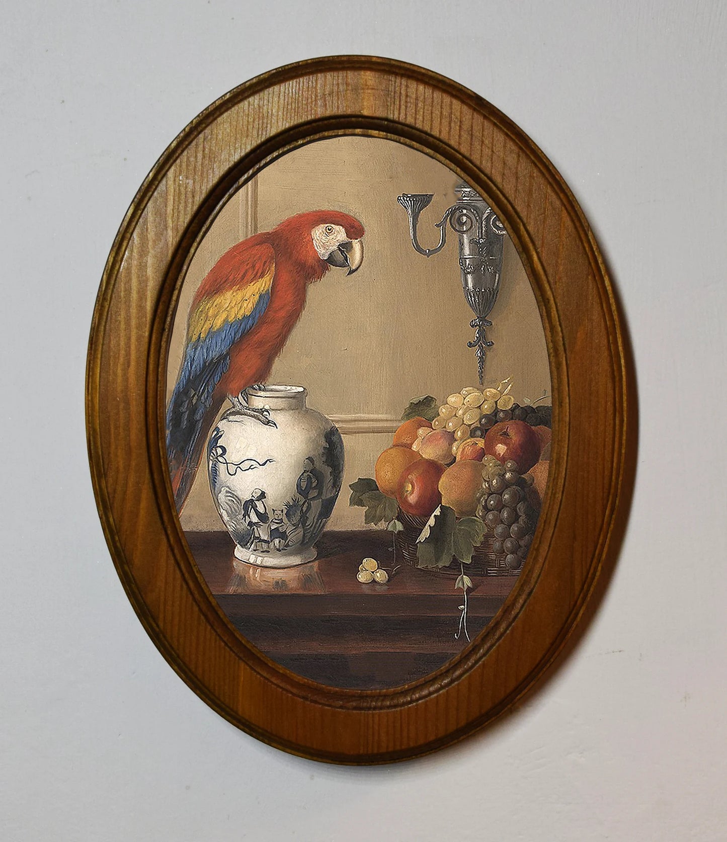 Macaw with Chinese Vase and Fruit Alexander Pope Light Oak Oval Wooden Framed Classic Art Print 3"x4", 3.5"x5", 4"x6"