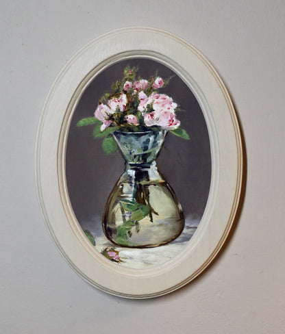 Moss Roses in a Vase Edouard Manet Ivory Oval Wooden Framed Classic Art Print 3"x4", 3.5"x5", 4"x6", 5"x7", 6"x8"