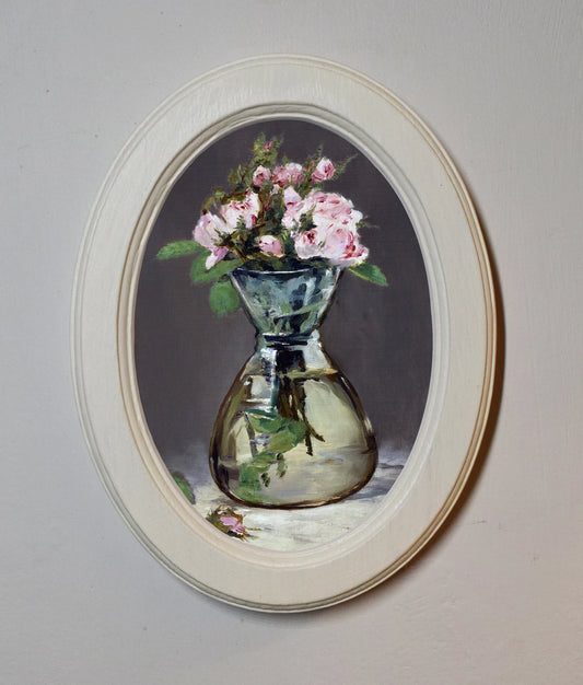 Moss Roses in a Vase Edouard Manet Ivory Oval Wooden Framed Classic Art Print 3"x4", 3.5"x5", 4"x6", 5"x7", 6"x8"