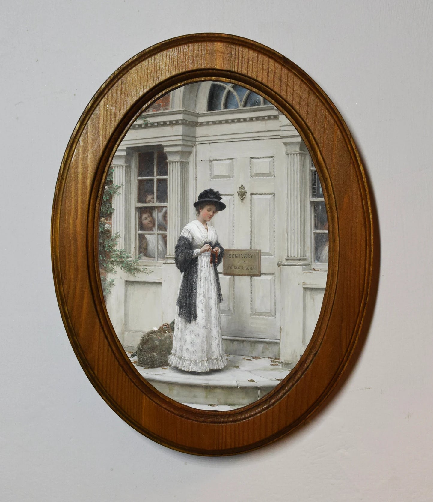 The New Governess Edmund Blair Leighton Light Oak Oval Wooden Framed Classic Art Print 3"x4", 3.5"x5", 4"x6"