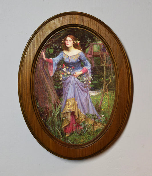 Ophelia 1910 John William Waterhouse Light Oak Oval Wooden Framed Classic Art Print 3"x4", 3.5"x5", 4"x6", 5"x7", 6"x8"