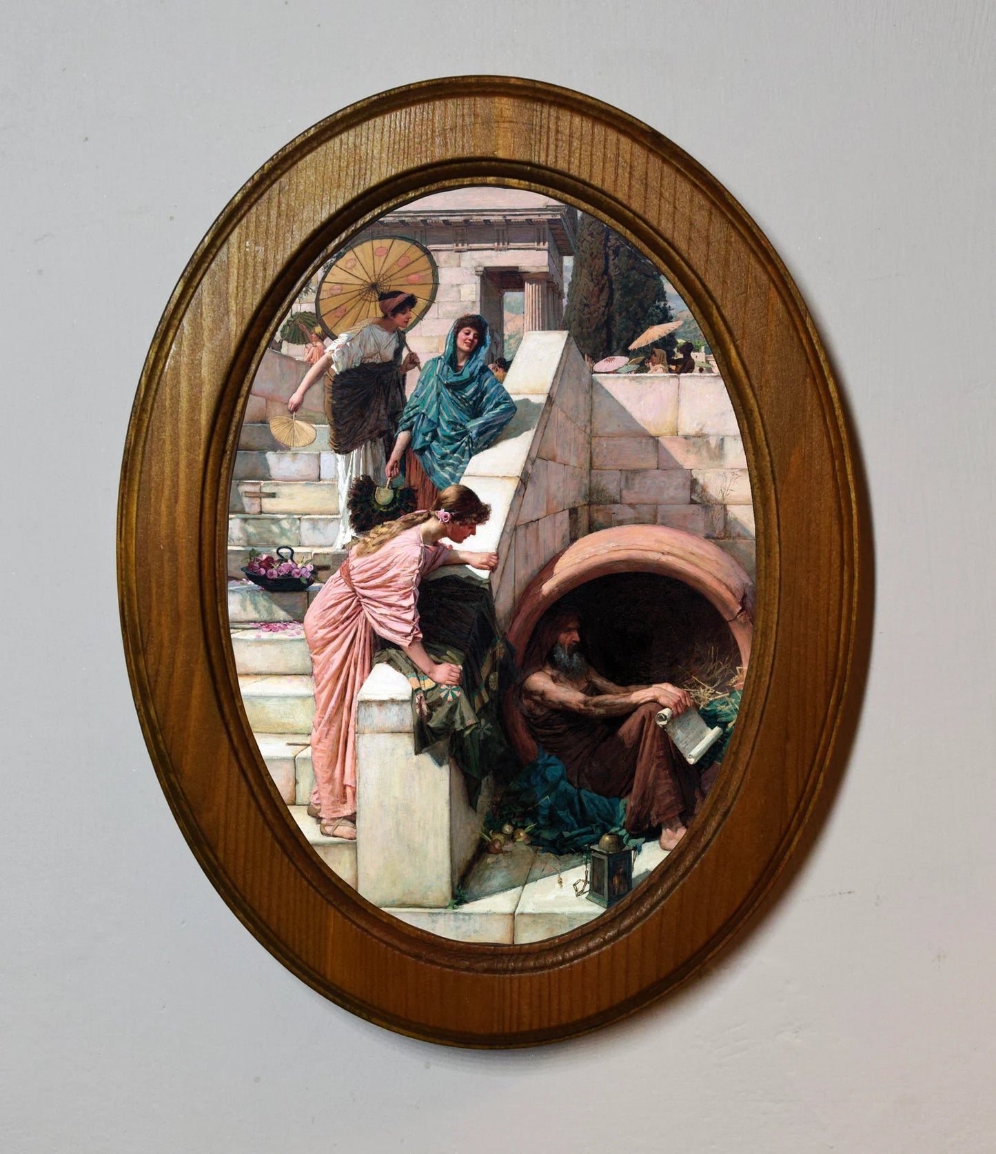 Diogenes John William Waterhouse Light Oak Oval Wooden Framed Classic Art Print 3"x4", 3.5"x5", 4"x6"