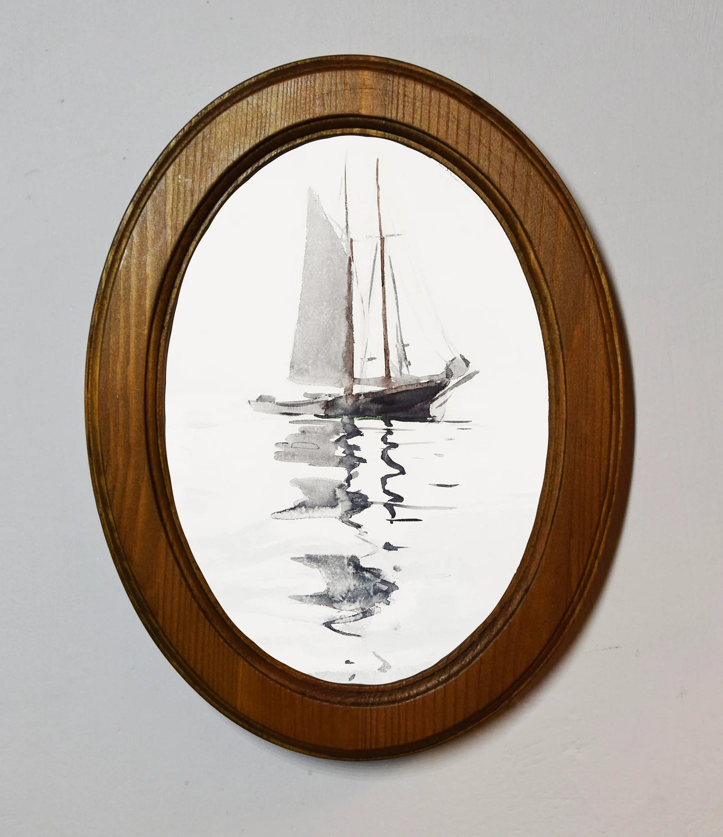 Two–Masted Schooner With Dory Winslow Homer Light Oak Oval Wooden Framed Classic Art Print 3"x4", 3.5"x5", 4"x6", 5"x7", 6"x8"