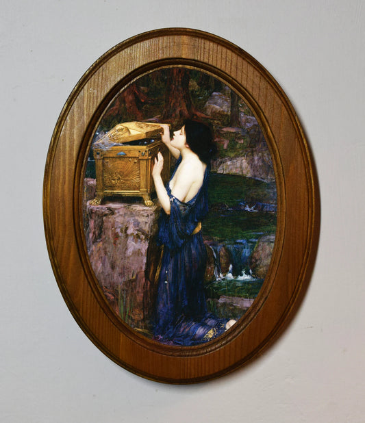 Pandora John William Waterhouse Light Oak Oval Wooden Framed Classic Art Print 3"x4", 3.5"x5", 4"x6", 5"x7", 6"x8"