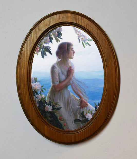 The Mountain Side Seat Charles Courtney Curran Light Oak Oval Wooden Framed Classic Art Print 3"x4", 3.5"x5", 4"x6", 5"x7", 6"x8"