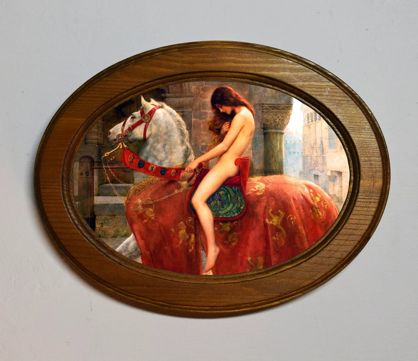 Lady Godiva John Collier Light Oak Oval Wooden Framed Classic Art Print 3"x4", 3.5"x5", 4"x6", 5"x7", 6"x8"