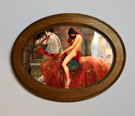 Lady Godiva John Collier Light Oak Oval Wooden Framed Classic Art Print 3"x4", 3.5"x5", 4"x6", 5"x7", 6"x8"