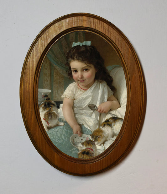 The Morning Meal Émile Munier Light Oak Oval Wooden Framed Classic Art Print 3"x4", 3.5"x5", 4"x6"