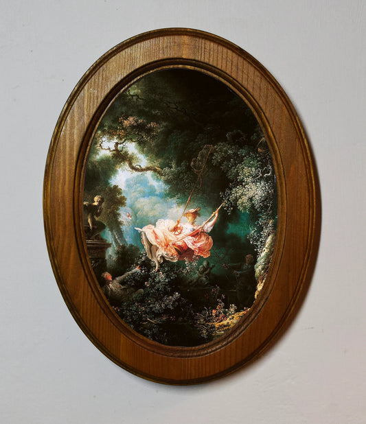 The Swing Jean Honore Fragonard Light Oak Oval Wooden Framed Classic Art Print 3"x4", 3.5"x5", 4"x6", 5"x7", 6"x8"