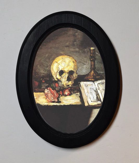 Skull Candle and Book Paul Cezan Gothic Black Oval Wooden Framed Classic Art Print 3"x4", 3.5"x5", 4"x6", 5"x7", 6"x8"