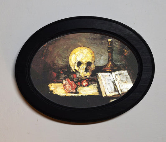 Skull Candle and Book Paul Cezan Gothic Black Oval Wooden Framed Classic Art Print 3"x4", 3.5"x5", 4"x6", 5"x7", 6"x8"