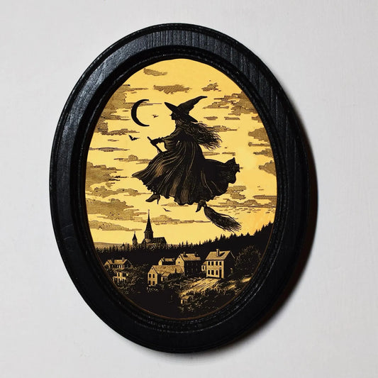 Flying Witch Spooky Gothic Halloween Oval Wooden Framed Print 3"x4"