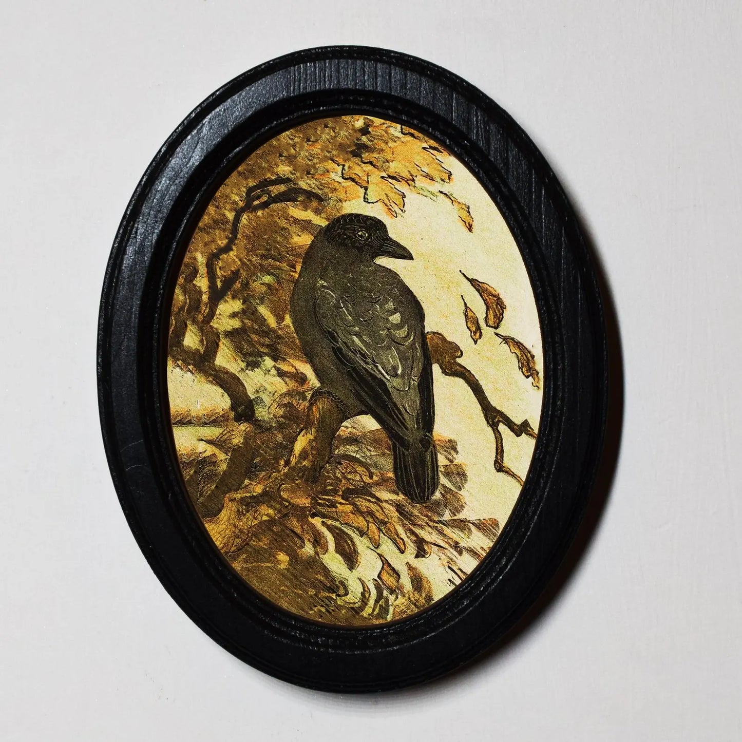 Crow on a Branch Theo Van Hoytema Gothic Halloween Oval Wooden Framed Print 3"x4"