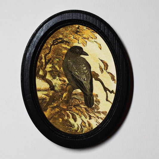 Crow on a Branch Theo Van Hoytema Gothic Halloween Oval Wooden Framed Print 3"x4"