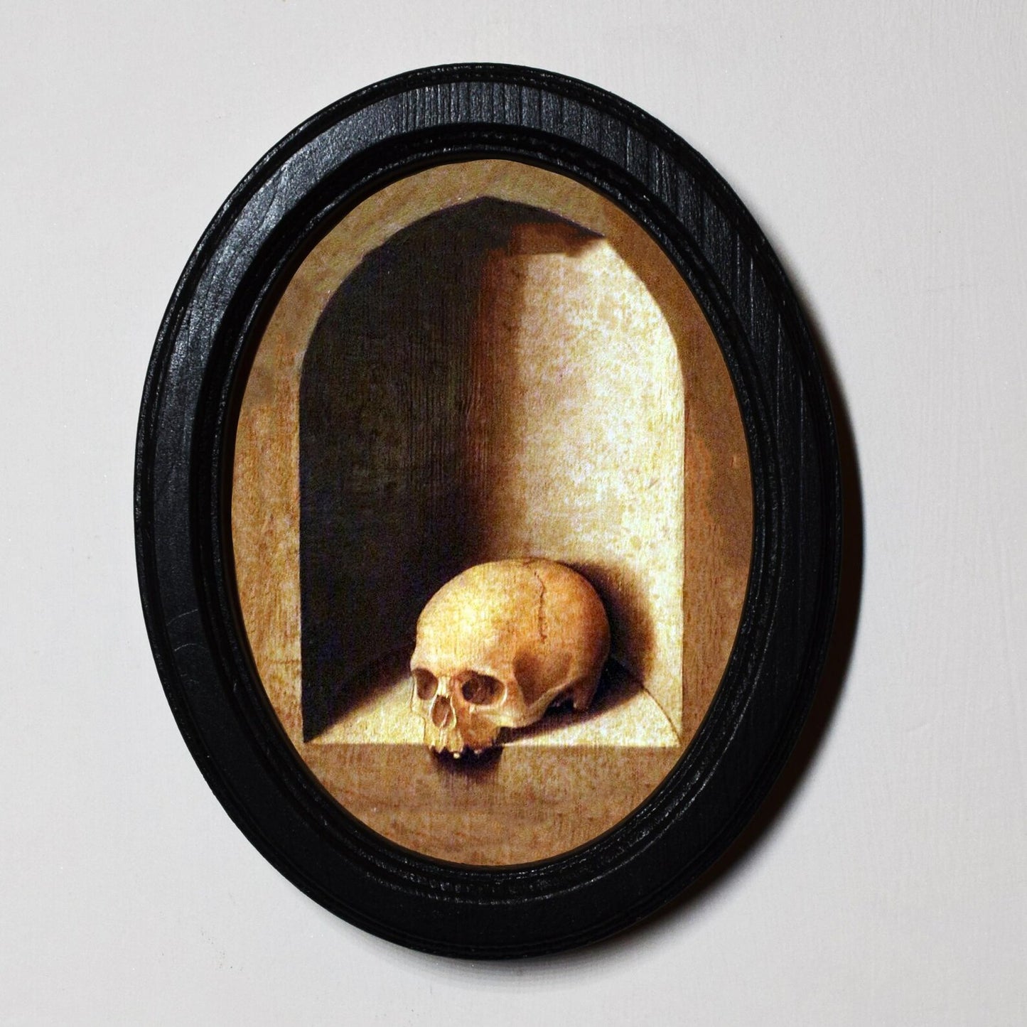 Skull On Shelf Gothic Spooky Halloween Oval Wooden Framed Print 3"x4"