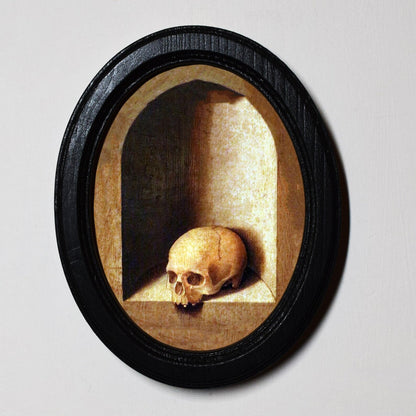 Skull On Shelf Gothic Spooky Halloween Oval Wooden Framed Print 3"x4"