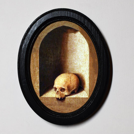 Skull On Shelf Gothic Spooky Halloween Oval Wooden Framed Print 3"x4"