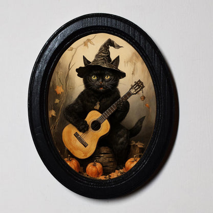 Witchy Black Cat Musician Spooky Halloween Oval Wooden Framed Print 3"x4"