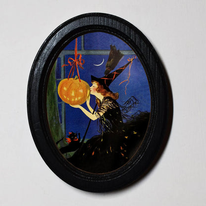Witch Kissing Pumpkin Spooky Halloween Oval Wooden Framed Print 3"x4"