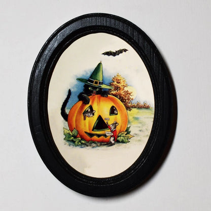 Black Cat At Pumpkin House Spooky Halloween Oval Wooden Framed Print 3"x4"
