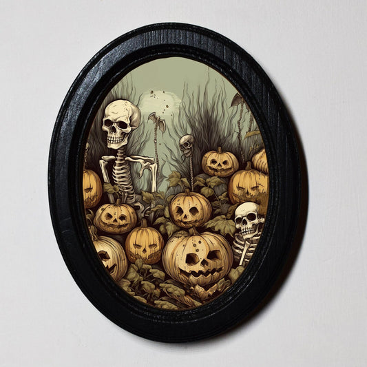 Pumpkin Graveyard Gothic Spooky Halloween Oval Wooden Framed Print 3"x4"