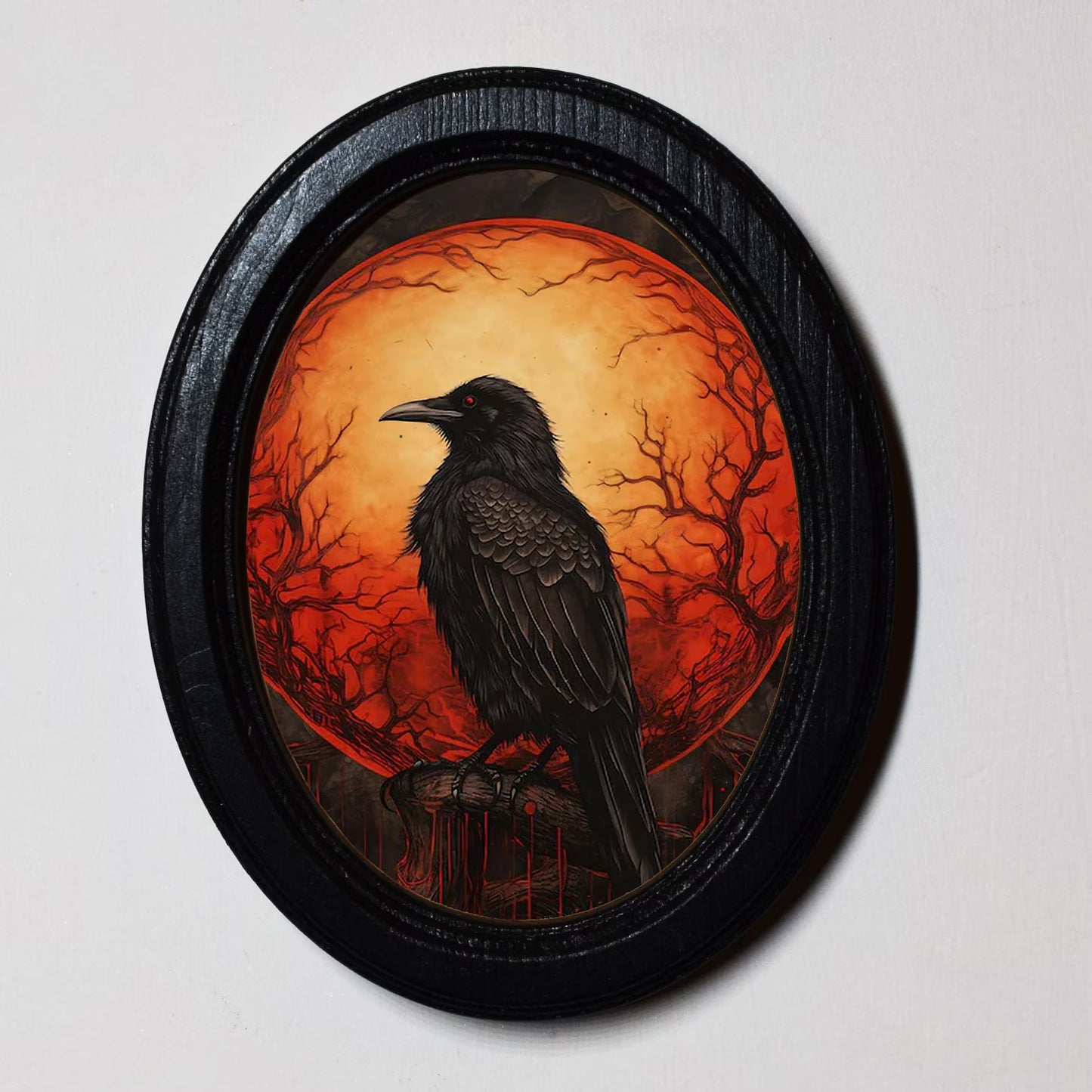 Raven In Full Moon Gothic Spooky Halloween Oval Wooden Framed Print 3"x4"