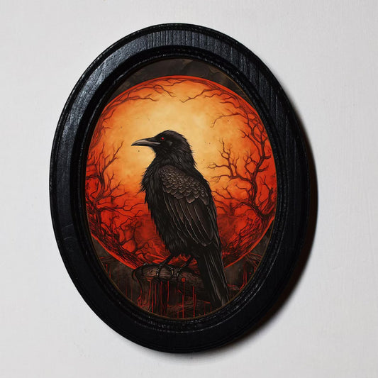 Raven In Full Moon Gothic Spooky Halloween Oval Wooden Framed Print 3"x4"