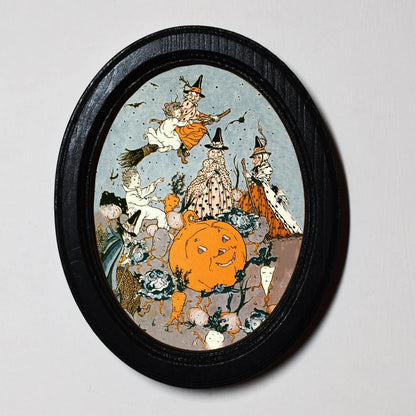 Witches Party Pumpkin Spooky Halloween Oval Wooden Framed Print 3"x4"