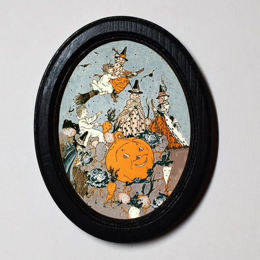 Witches Party Pumpkin Spooky Halloween Oval Wooden Framed Print 3"x4"