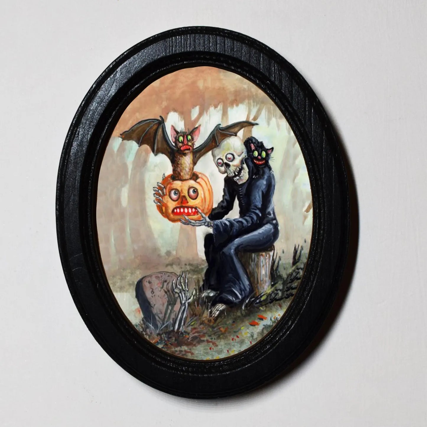 Halloween Magic Skeleton Bat Pumpkin Black Cat Halloween Oval Wooden Framed Print 3"x4"
