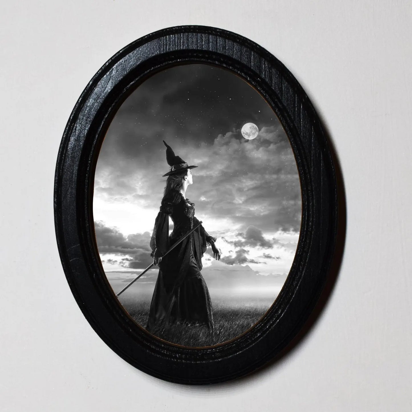 Moon Witch Spooky Gothic Halloween Oval Wooden Framed Print 3"x4"
