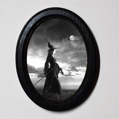 Moon Witch Spooky Gothic Halloween Oval Wooden Framed Print 3"x4"