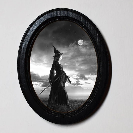 Moon Witch Spooky Gothic Halloween Oval Wooden Framed Print 3"x4"