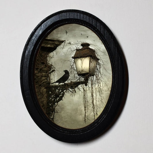 Raven On A Lantern Arthur Rackham Halloween Oval Wooden Framed Print 3"x4"