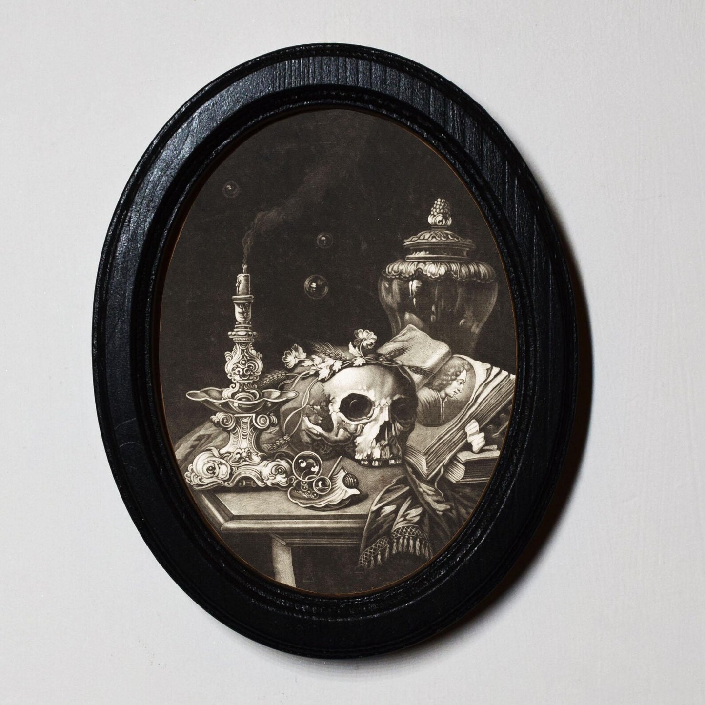Still Life Skull and Flowers Simon Renard de Saint-André Spooky Halloween Oval Wooden Framed Print 3"x4"