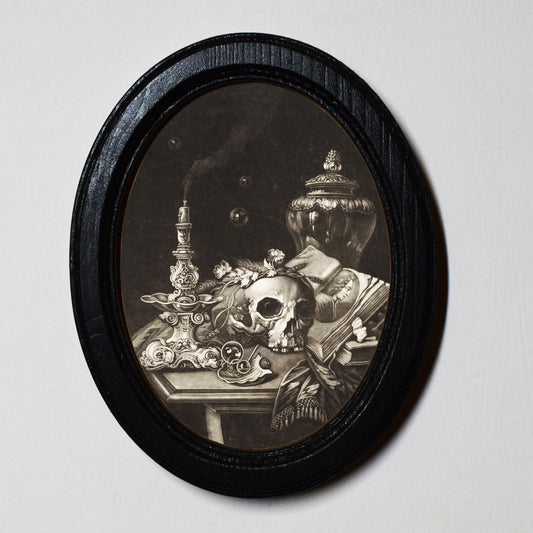 Still Life Skull and Flowers Simon Renard de Saint-André Spooky Halloween Oval Wooden Framed Print 3"x4"