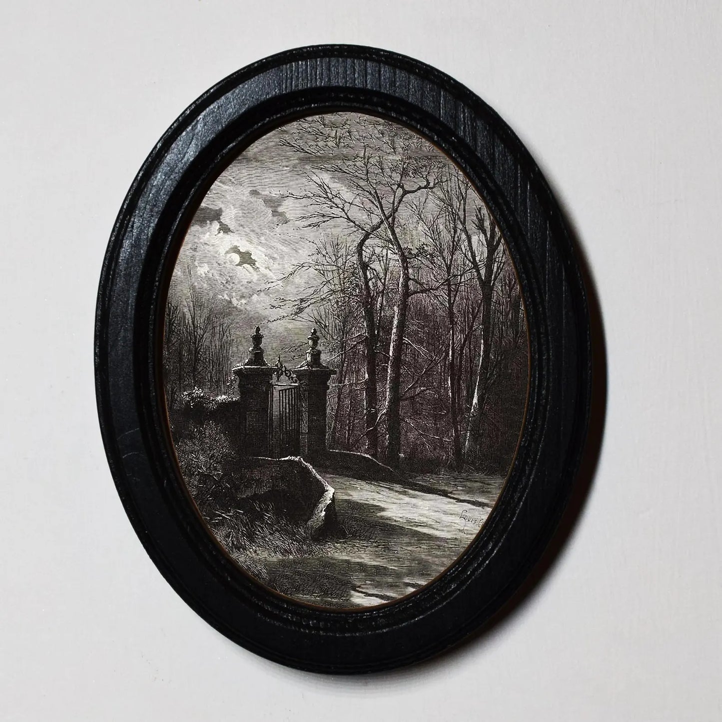 Spooky Gates Louis Atol Gothic Halloween Oval Wooden Framed Print 3"x4", 3.5"x5", 4"x6", 5"x7"