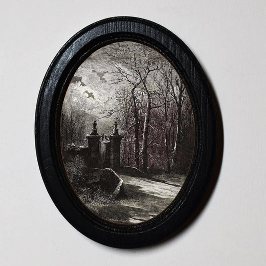 Spooky Gates Louis Atol Gothic Halloween Oval Wooden Framed Print 3"x4", 3.5"x5", 4"x6", 5"x7"