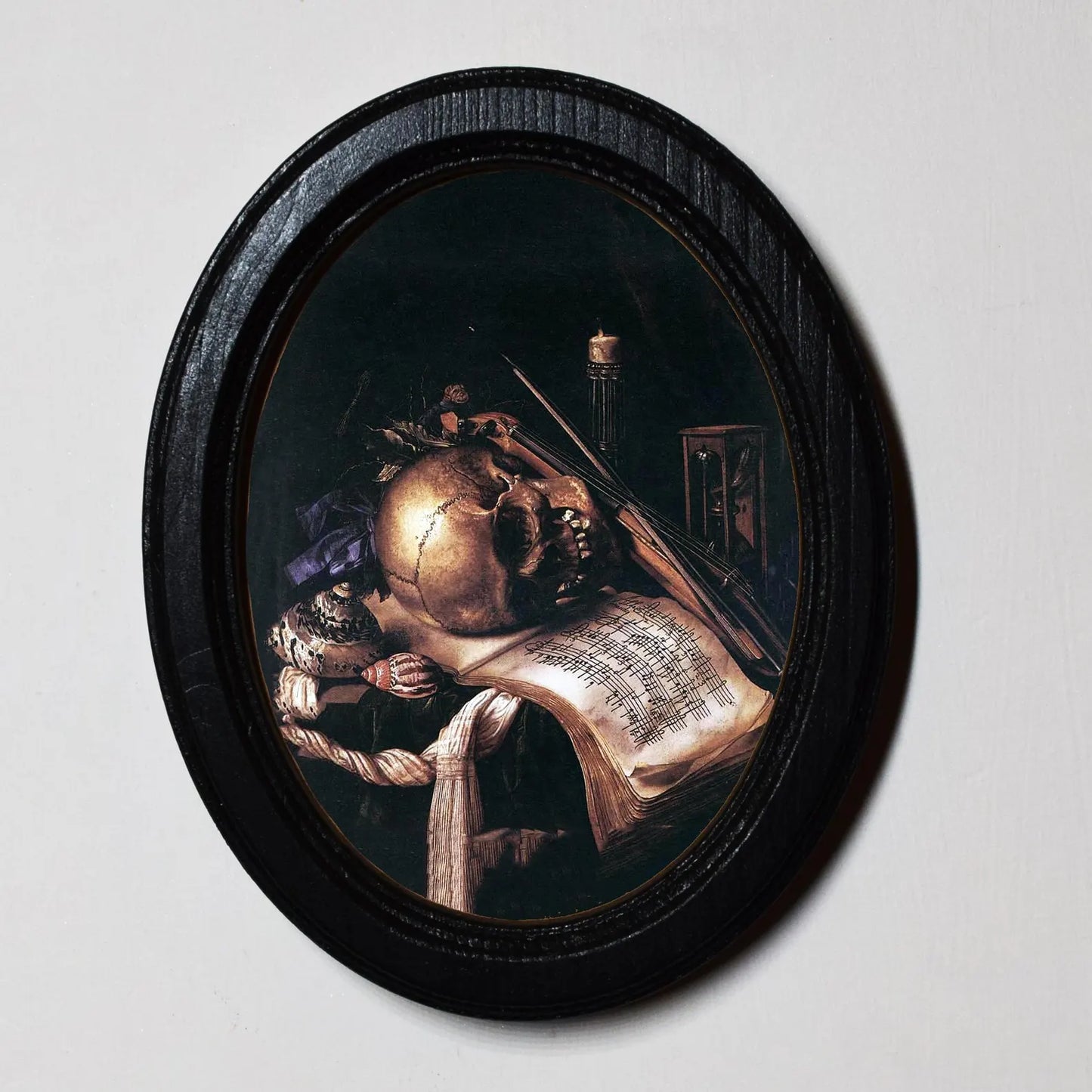 Still Life Skull And Violin Carstian Luyckx Gothic Halloween Oval Wooden Framed Print 3"x4"